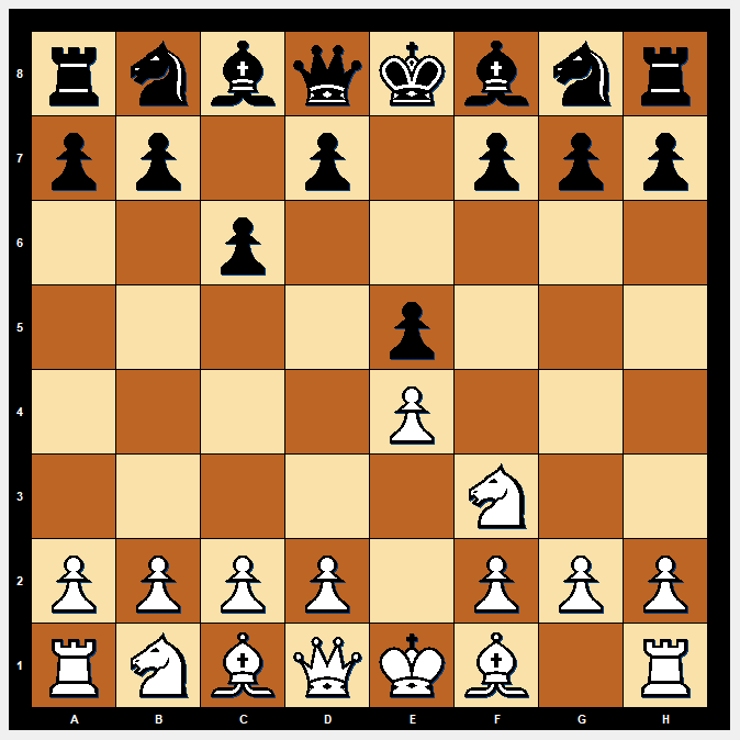 rnbqkbnr/pp1p1ppp/2p5/4p3/4P3/5N2/PPPP1PPP/RNBQKB1R w KQkq - 0 3